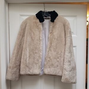Wolfie Elegant Shearling Fur Cream Teddy Jacket with Black Trim